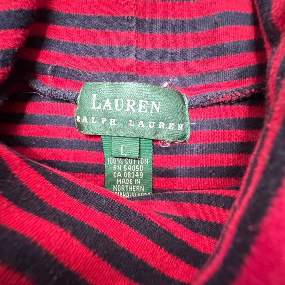 Lauren Ralph Lauren Red Navy Striped Turtleneck Crest Logo Cotton Top Large - Picture 2 of 8